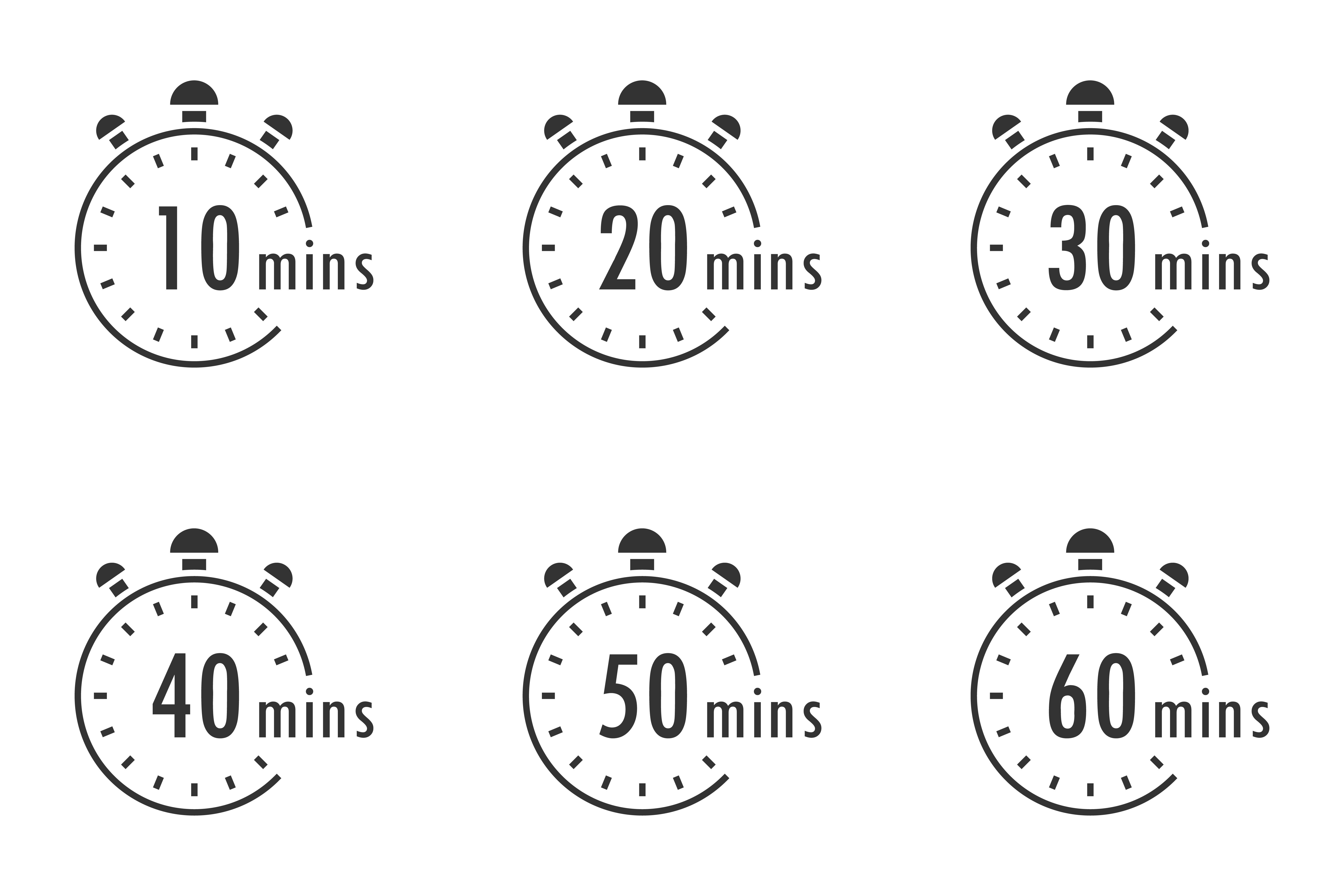 Set of timer. Stopwatch icons. Countdown 10.20,30,40,50,60 minutes. Stopwatch sign set. Flat vector illustration.